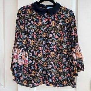 CeCe Floral Peter Pan Collar Blouse | Tiered Bell Sleeve | M